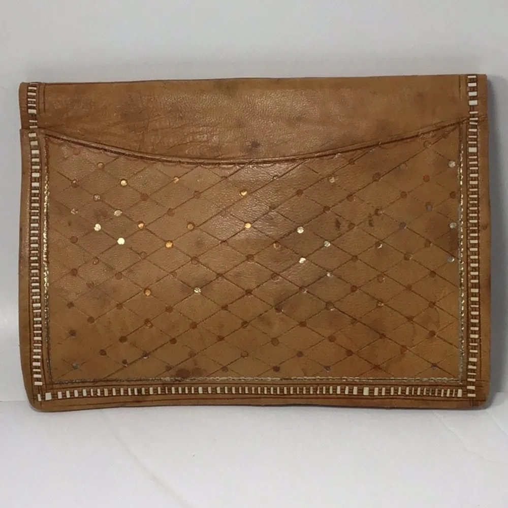 Vintage Moroccan Hand-Tooled Tooled Leather Gold Leaf Clutch & Wallet.